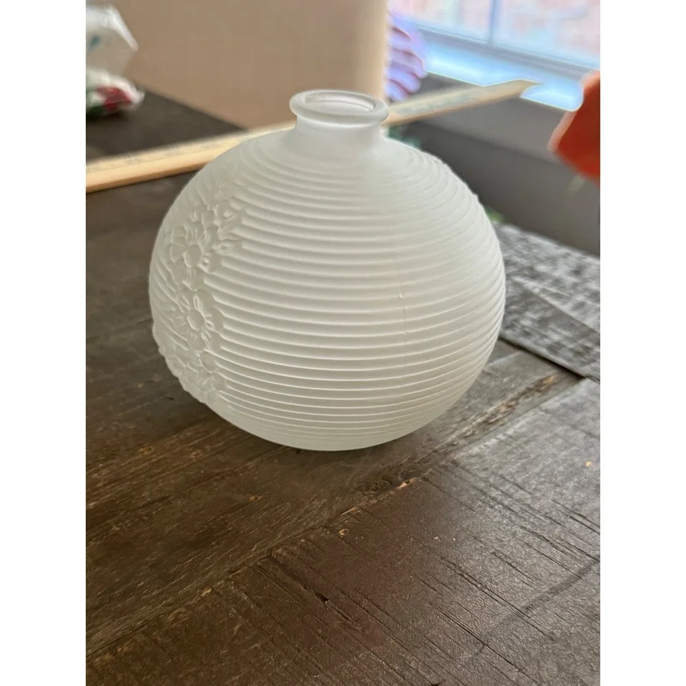 Avon Bud Vase Frosted White Satin Glass Floral Embossed Ribbed Round Globe 3.5